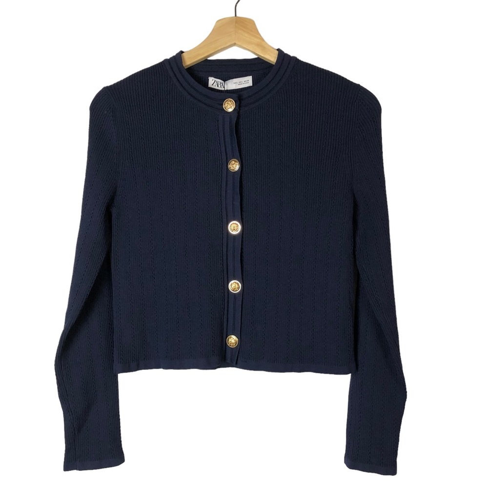 Zara Navy Blue Military Button Down Cable Knit Cardigan Sweater L
